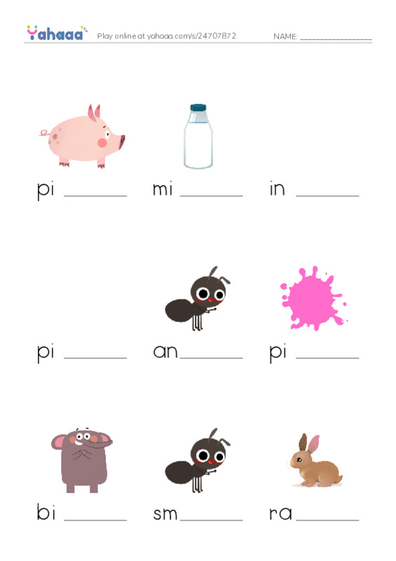 Finish the word worksheet for pig, milk, ink and 14 more