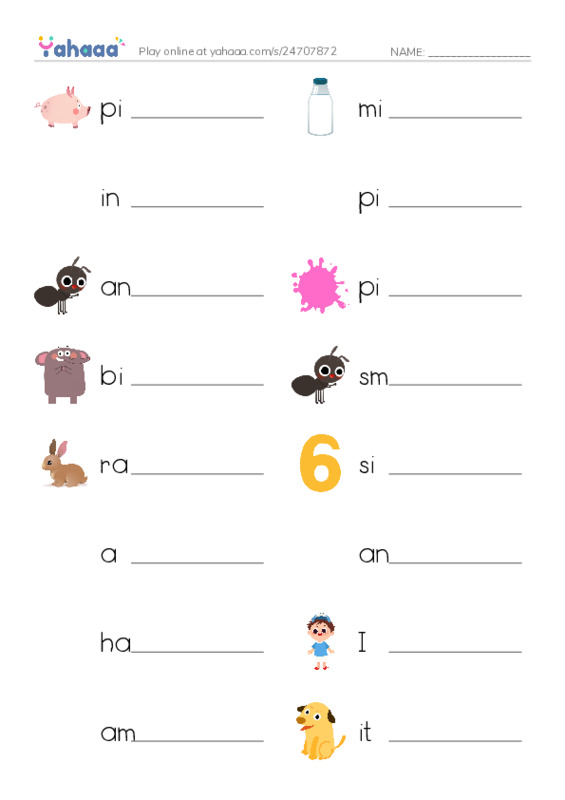 Write the word rows worksheet for pig, milk, ink and 14 more