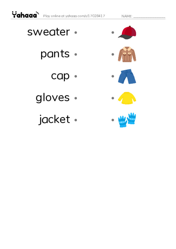 Draw a line to match worksheet for Clothes