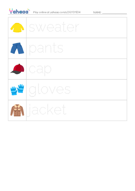 Picture and word rows worksheet for Clothes