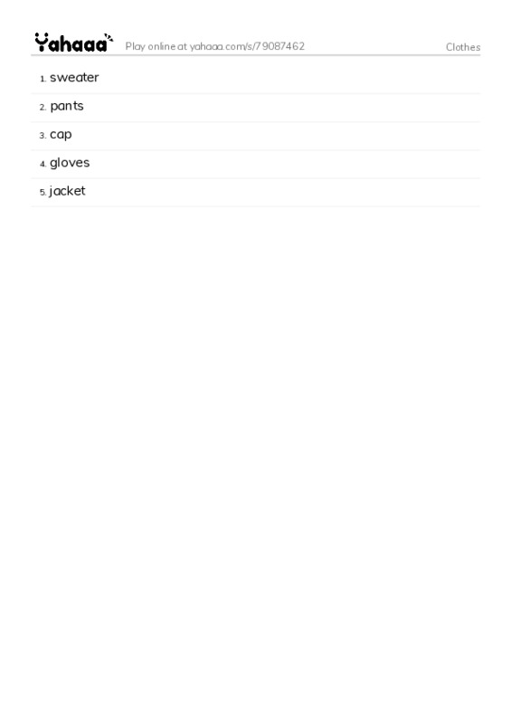 Word list with meanings worksheet for Clothes