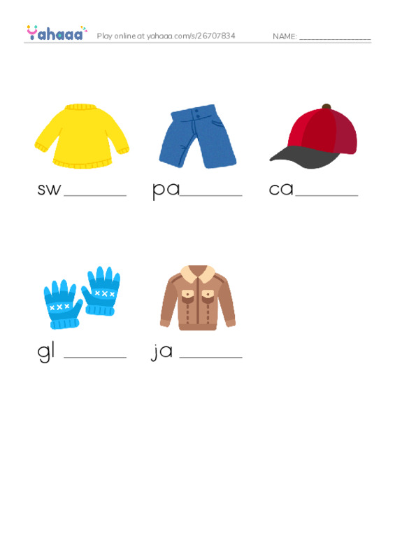 Finish the word worksheet for Clothes