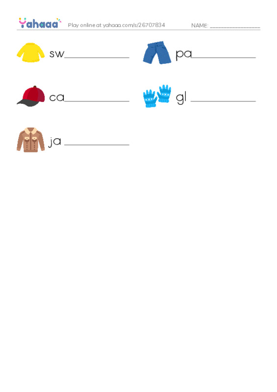Write the word rows worksheet for Clothes