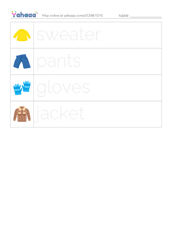 Picture and word rows worksheet for Clothes