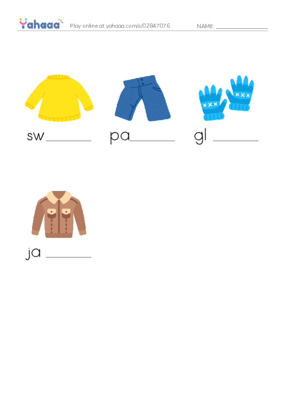 Finish the word worksheet for Clothes