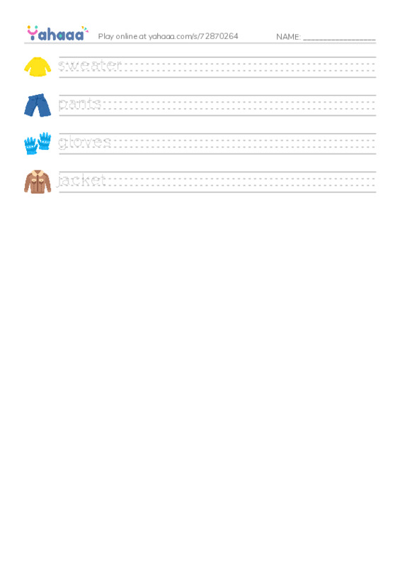 Handwriting lines worksheet for Clothes