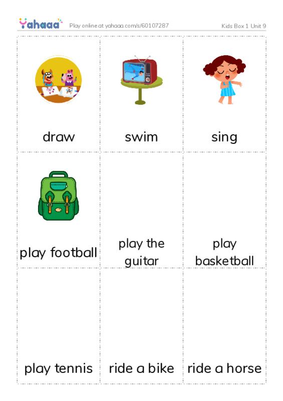 Picture flashcards worksheet for Kids Box 1 Unit 9