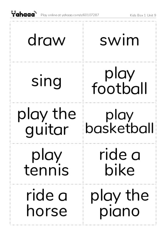Word flashcards worksheet for Kids Box 1 Unit 9