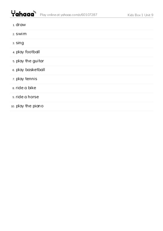 Word list with meanings worksheet for Kids Box 1 Unit 9