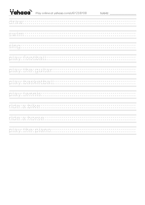 Handwriting lines worksheet for Kids Box 1 Unit 9
