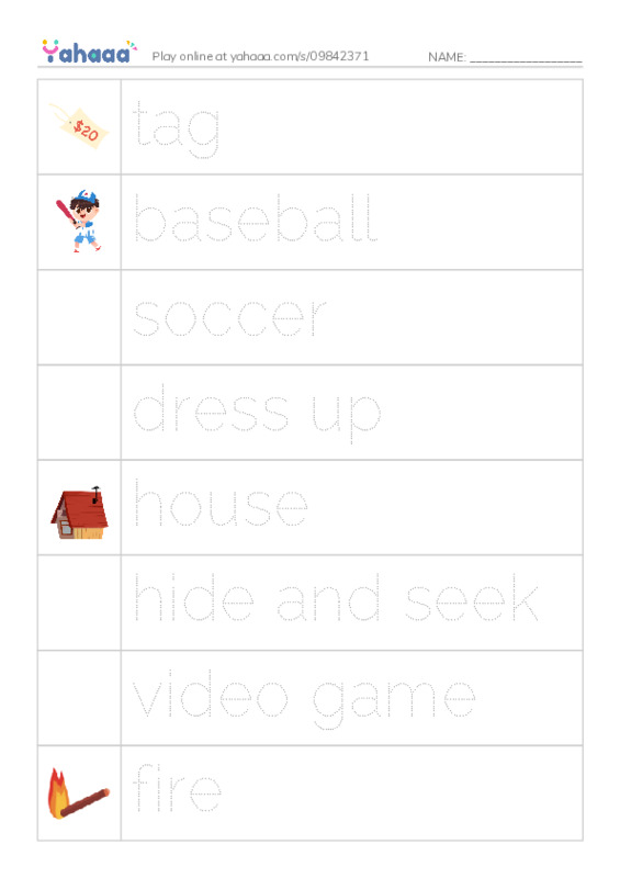 Picture and word rows worksheet for games we play