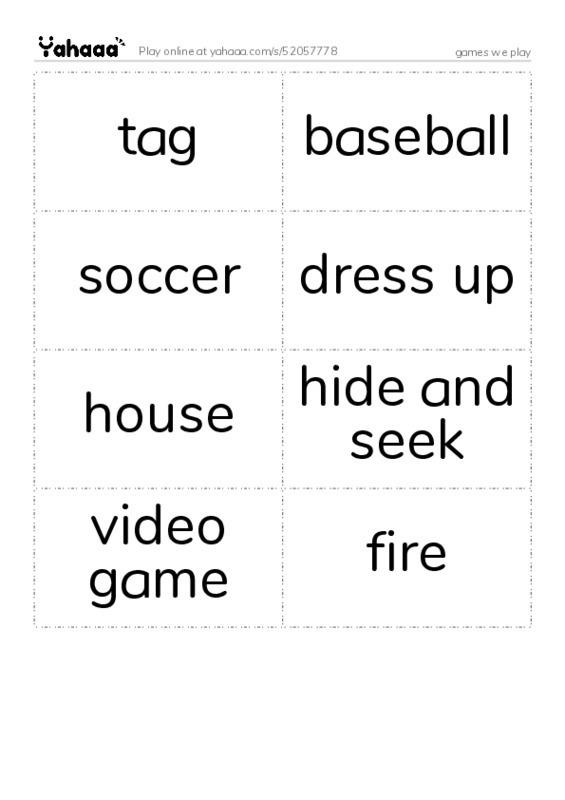 Word flashcards worksheet for games we play