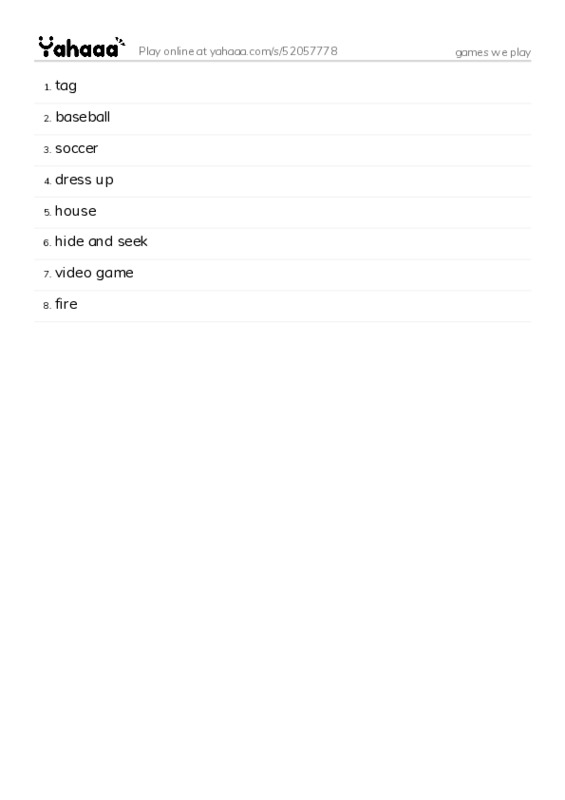 Word list with meanings worksheet for games we play