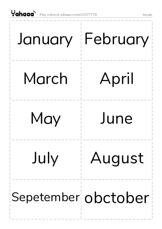 Word flashcards worksheet for Month
