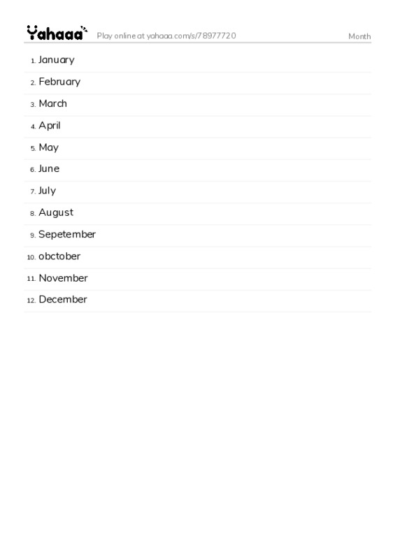 Word list with meanings worksheet for Month