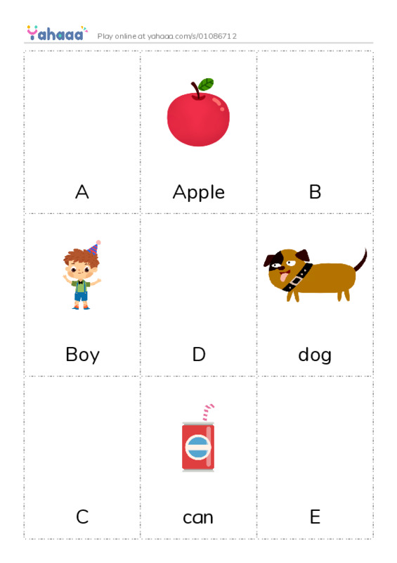Picture flashcards worksheet for A, Apple, B and 15 more