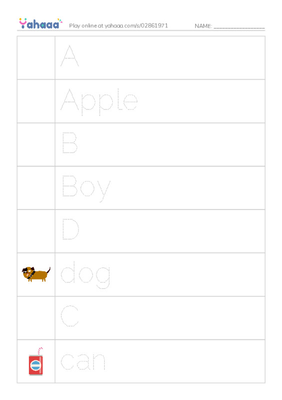 Picture and word rows worksheet for A, Apple, B and 15 more