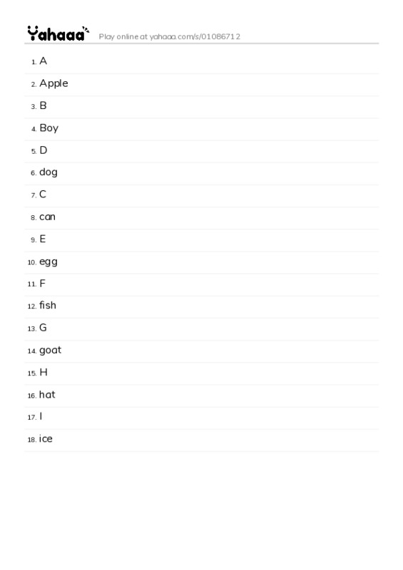 Word list with meanings worksheet for A, Apple, B and 15 more