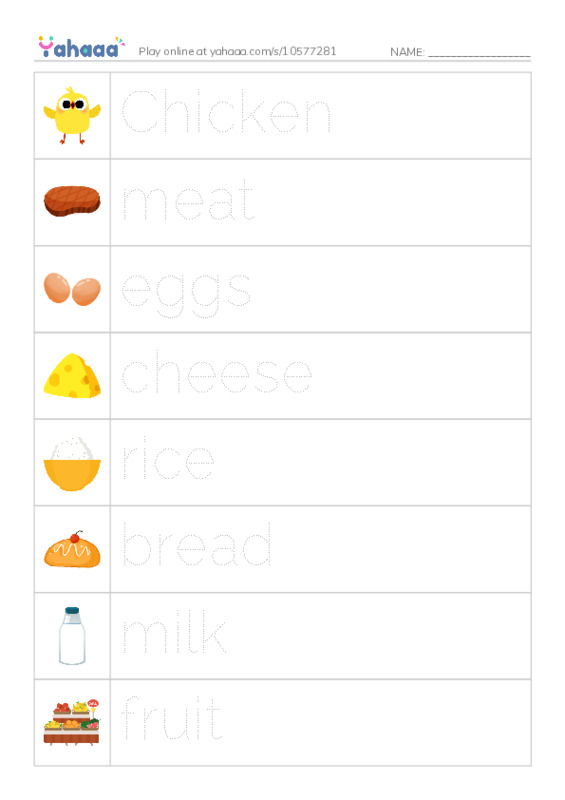 Picture and word rows worksheet for Healthy food