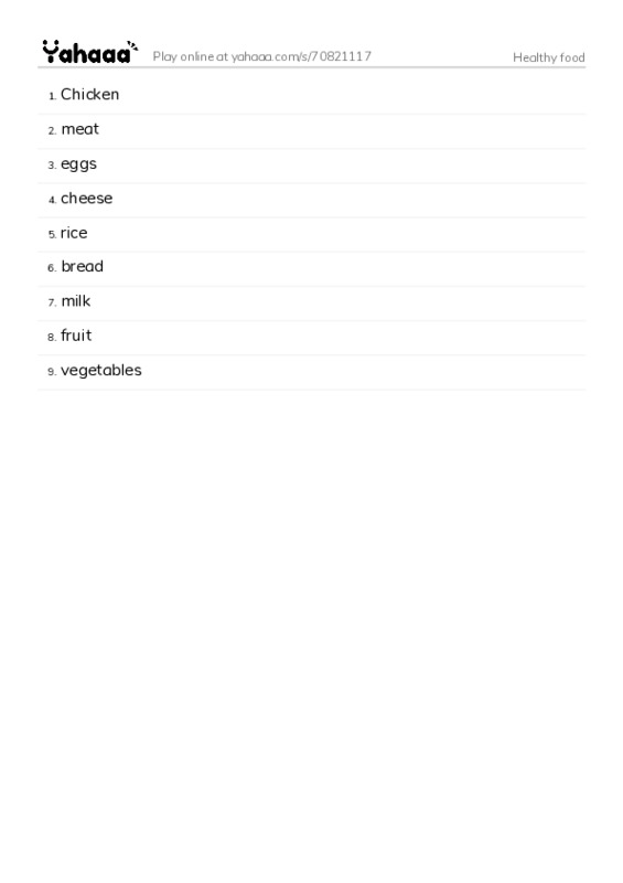 Word list with meanings worksheet for Healthy food