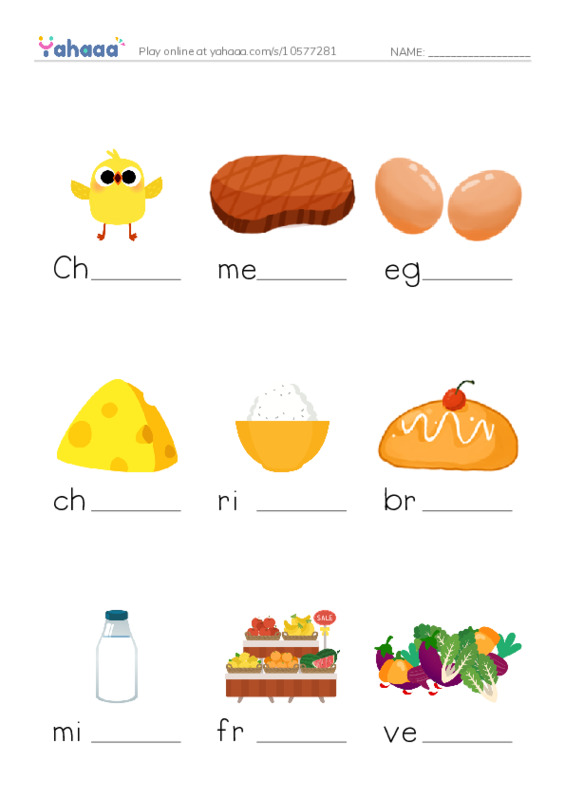 Finish the word worksheet for Healthy food