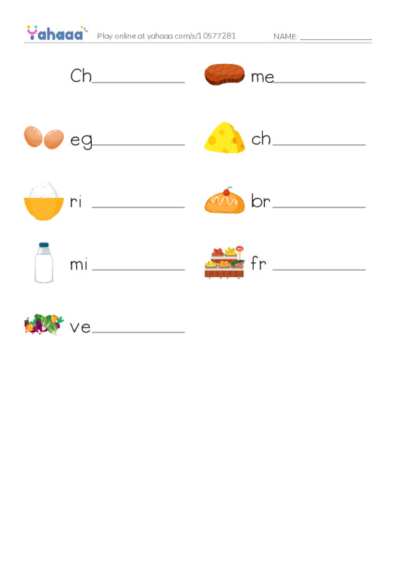Write the word rows worksheet for Healthy food