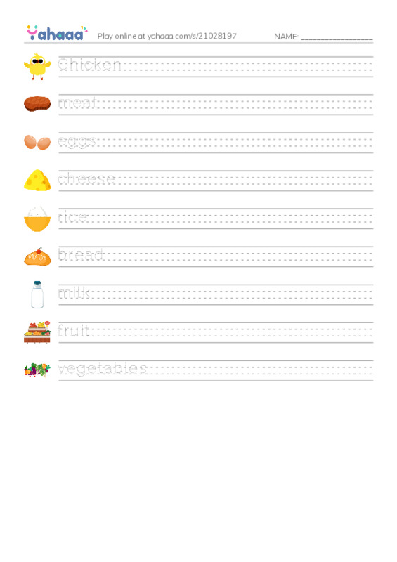 Handwriting lines worksheet for Healthy food