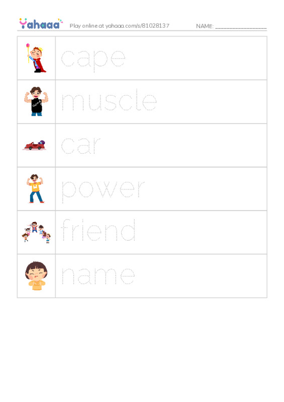 Picture and word rows worksheet for Make a superhero