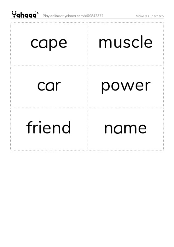Word flashcards worksheet for Make a superhero