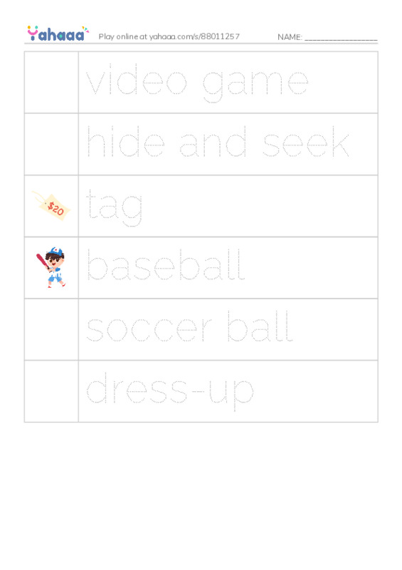 Picture and word rows worksheet for Games we play