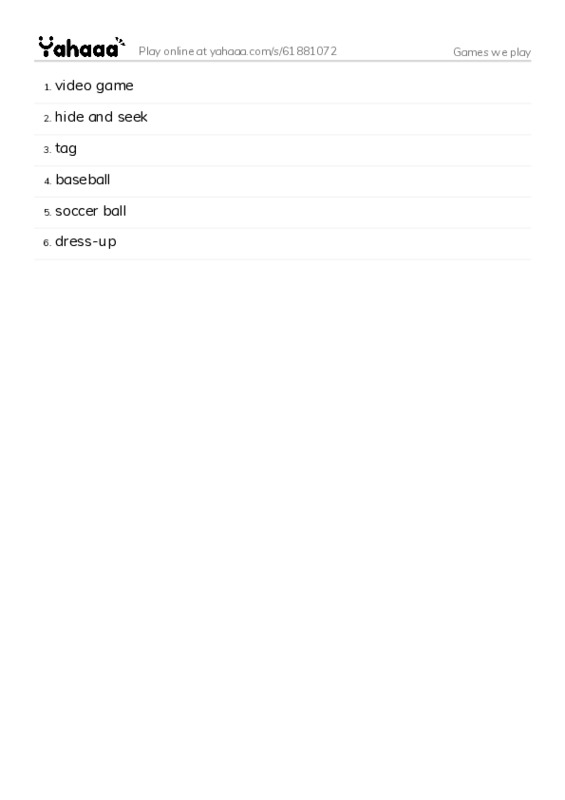 Word list with meanings worksheet for Games we play