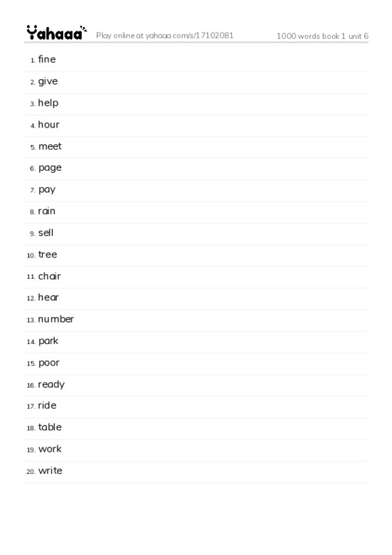 Word list with meanings worksheet for 1000 words book 1 unit 7