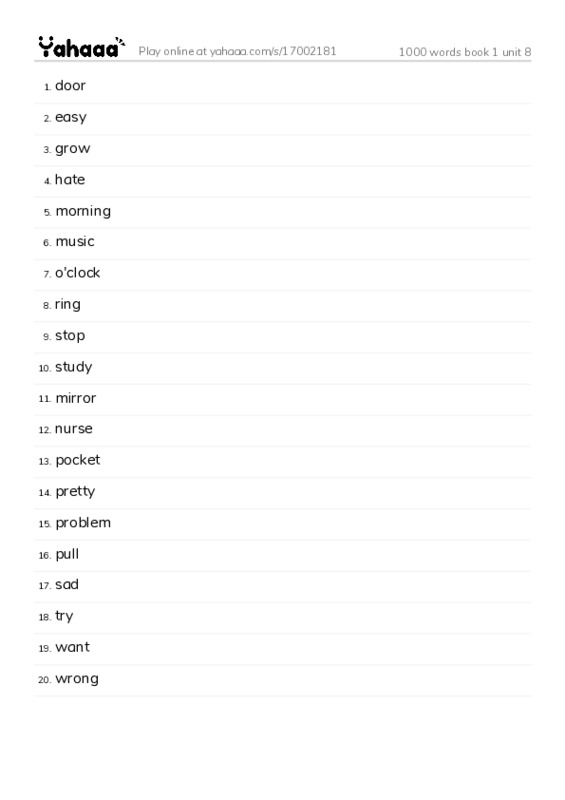 Word list with meanings worksheet for 1000 words book 1 unit 8