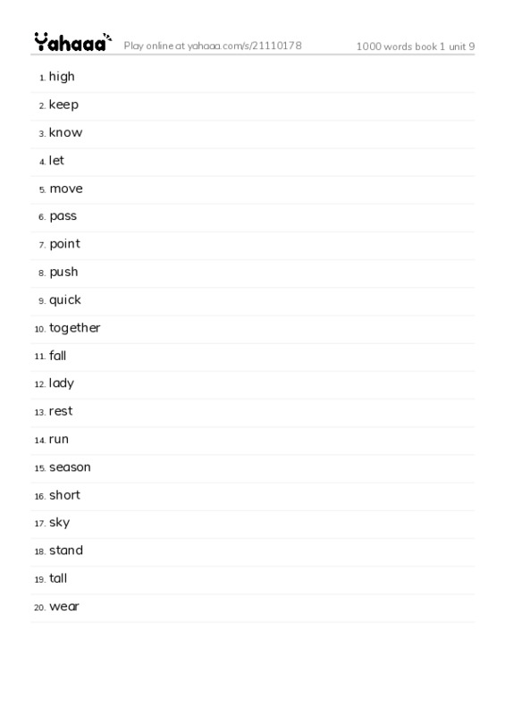 Word list with meanings worksheet for 1000 words book 1 unit 9