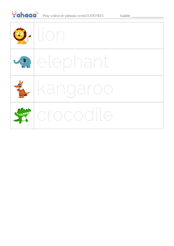Picture and word rows worksheet for zoo game