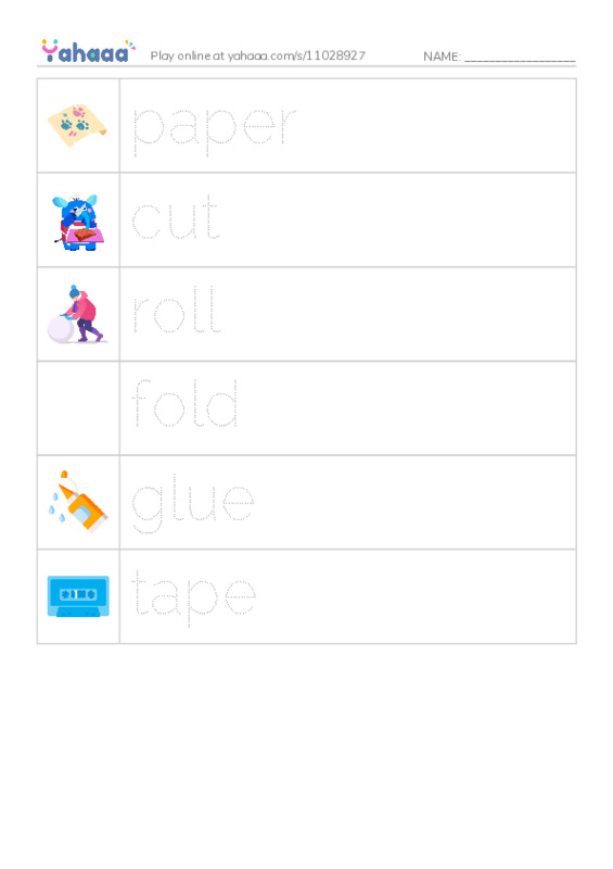 Picture and word rows worksheet for Fun with paper