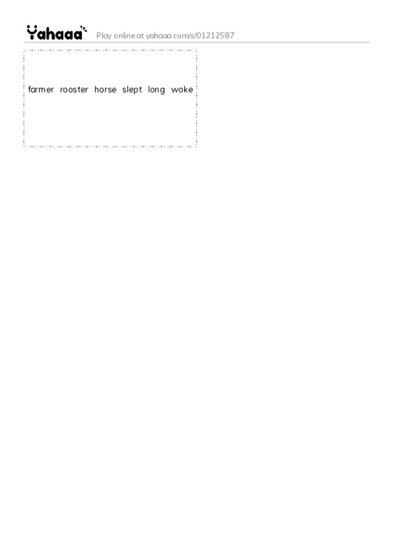 Word flashcards worksheet for farmer，rooster，horse，slept，long，woke