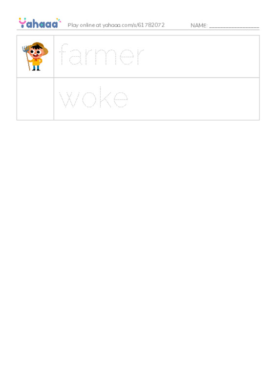 Picture and word rows worksheet for farmer, woke
