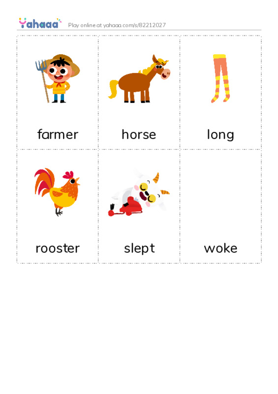 Picture flashcards worksheet for farmer, horse, long and 3 more