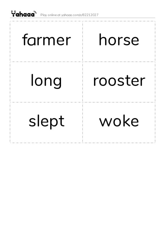 Word flashcards worksheet for farmer, horse, long and 3 more