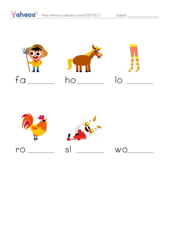 Finish the word worksheet for farmer, horse, long and 3 more