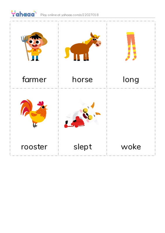 Picture flashcards worksheet for farmer, horse, long and 3 more