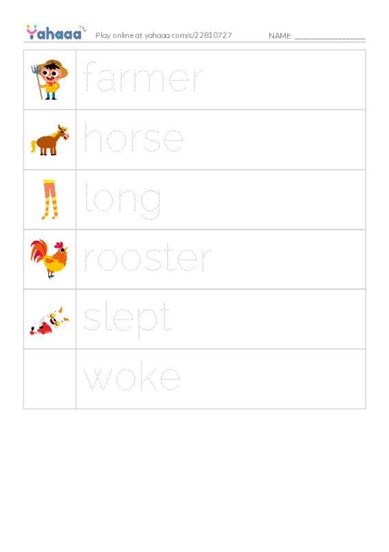 Picture and word rows worksheet for farmer, horse, long and 3 more