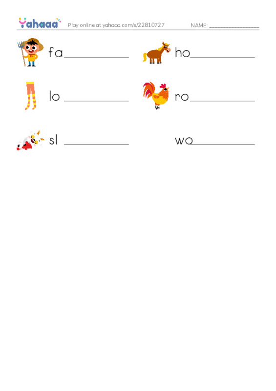 Write the word rows worksheet for farmer, horse, long and 3 more