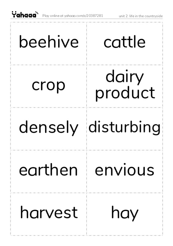 Word flashcards worksheet for unit 2: life in the countryside