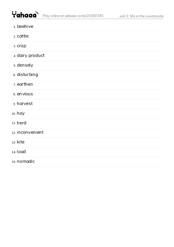 Word list with meanings worksheet for unit 2: life in the countryside