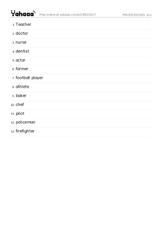 Word list with meanings worksheet for PROFESSIONS  3ro