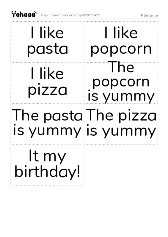 Word flashcards worksheet for P Sentence