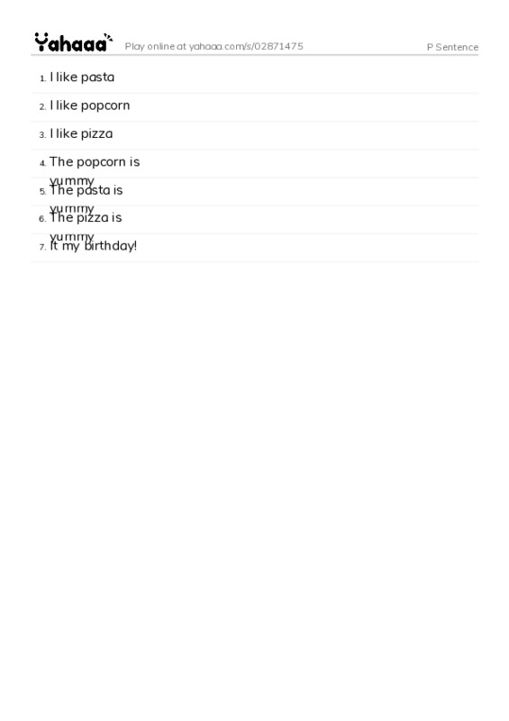 Word list with meanings worksheet for P Sentence