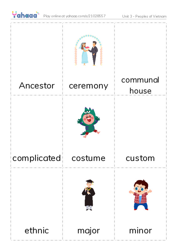 Picture flashcards worksheet for Unit 3 - Peoples of Vietnam